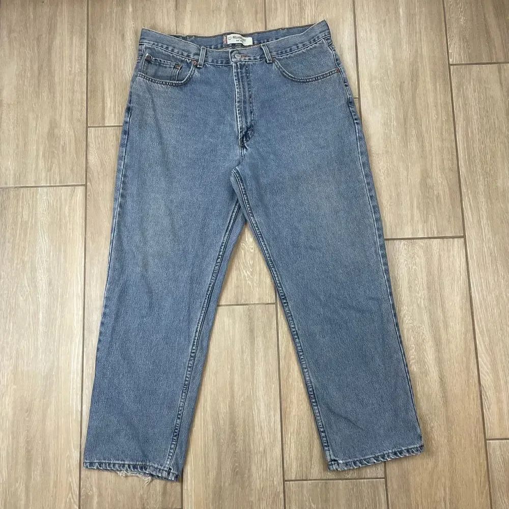 Levis 550 Jeans Mens 42x30 Relaxed Fit Blue Denim Straight Leg Distressed Hem